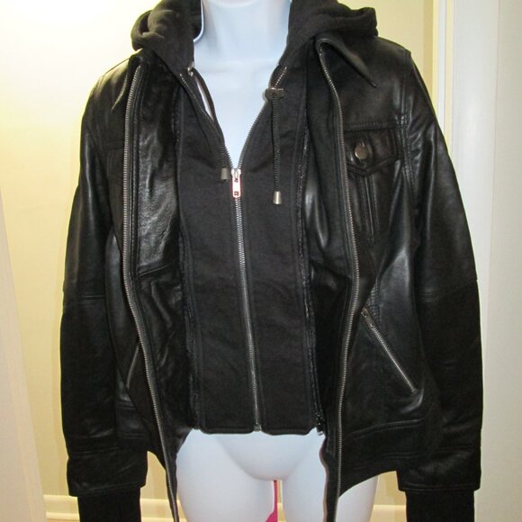 Black Bomber Leather Jacket with Removable Hood NEW Sz M - Picture 7 of 11